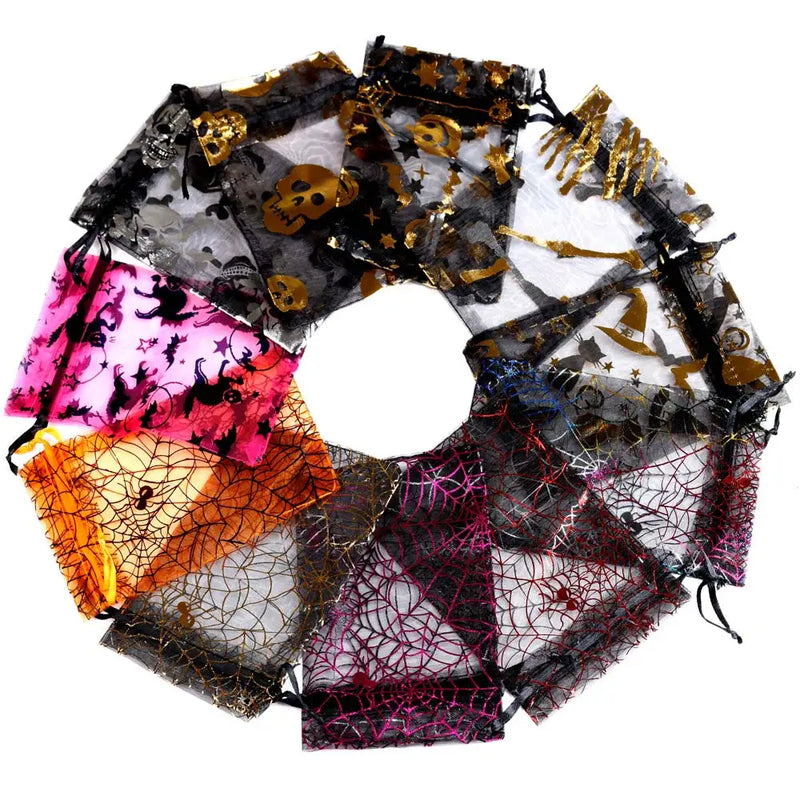 25/50pcs 10x15cm Halloween Organza Gift Bag Drawstring Spider Web Multi Color Printing Packaging Gift High Quality Candy Bag