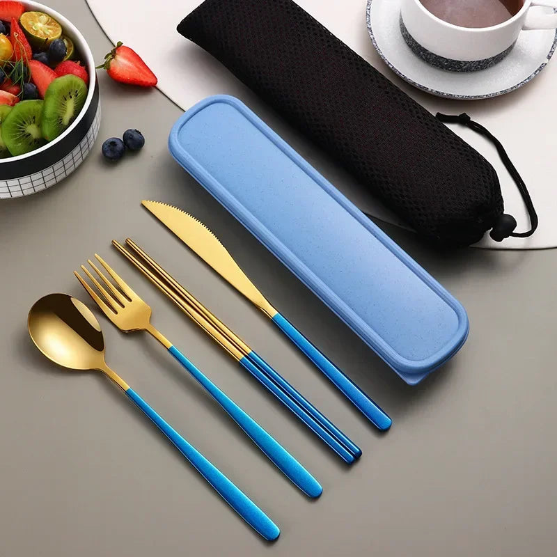 4pcs Set Portable Cutlery Set Tableware Set Camping Dinnerware Set Stainless Steel Knife Fork Spoon Kit Travel Flatware With Box
