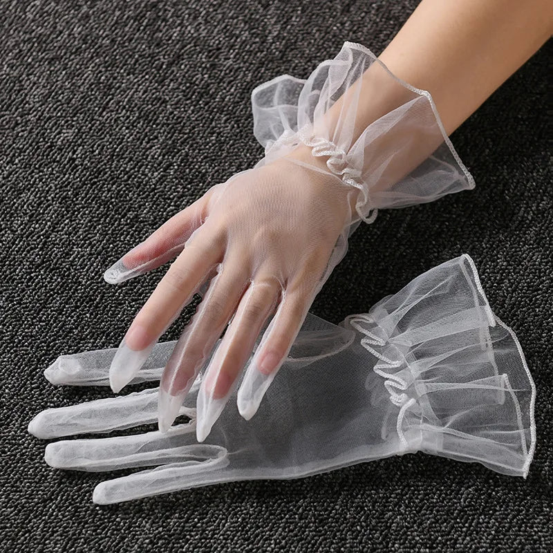 Retro Spring Summer Women Short Tulle Gloves White Black Wedding Gloves Stretchy Lace Full Finger Mittens Mesh Translucent Glove