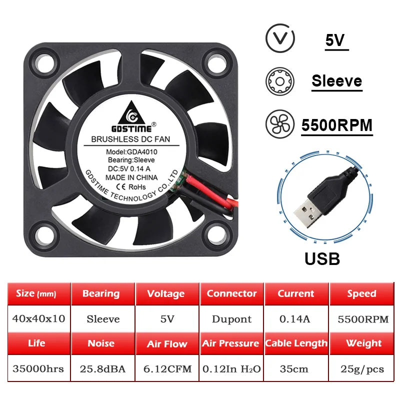 2PCS GDSTIME 40MM Cooler DC 5V 12V 24V 40x40x10mm Dual Ball Mini Cooling Fan 4010 Axial Fan 40MM for 3D Printer,DVR,NAS Cooling