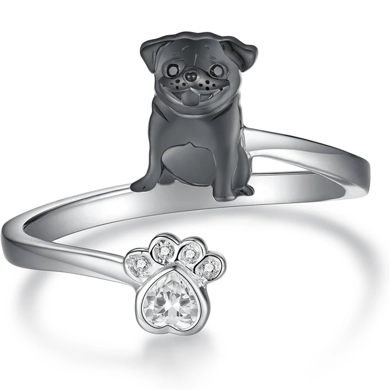 1Pc Cute Black Pug Dog Paw Open Ring Exquisite Women's Dog Jewelry Fashion Daily Accessories Perfect Gift for Dog Lovers