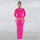 CM.YAYA Women Mesh Tassel Long Sleeve Diamonds Hot Rhinestones Bodycon Midi Maxi Long Dress and Tank Inner Dresses 2piece Suit