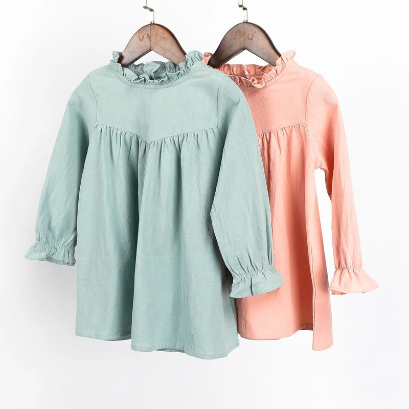 2023 New Kids Dress Spring Autumn Quality Long Sleeve Cotton Children Sweet Solid Color Baby Girls Turtleneck Dresses