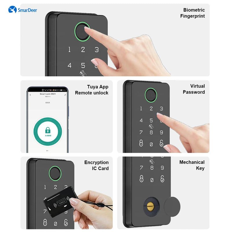 SmarDeer Electronic Door Lock for Tuya Lock with Deadbolt lock Fingerprint Lock Keyless entry with SmartLife App Remote unlock