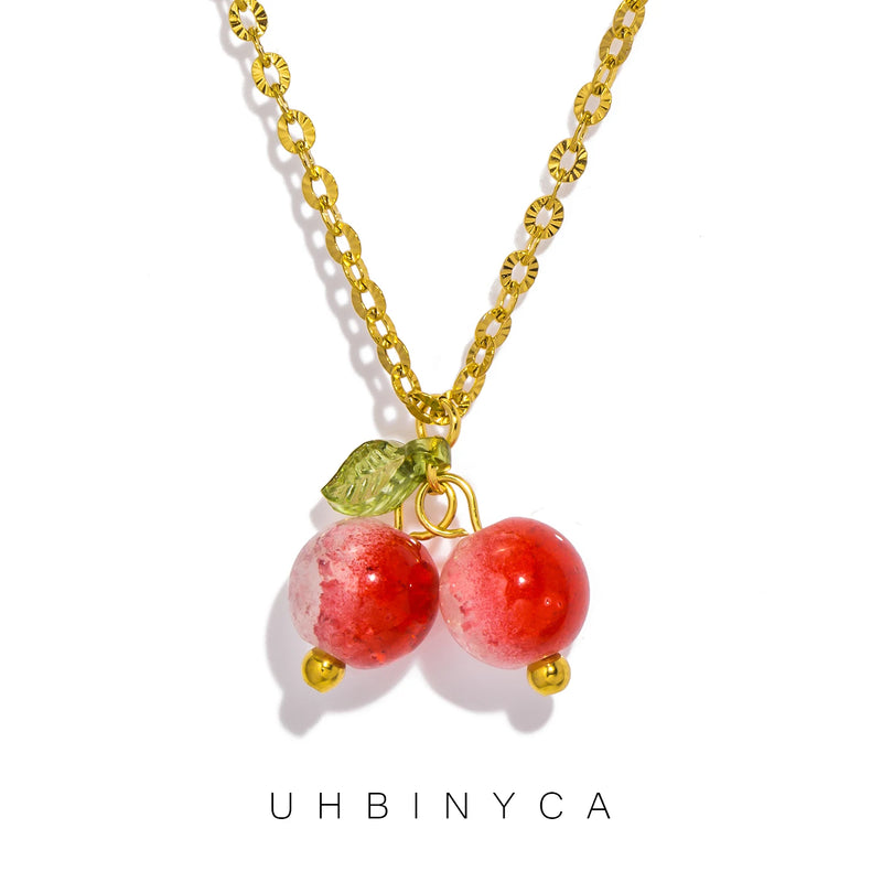 Elegant Red Cherry Bead Pendant Necklace for Women Exquisite 18K Gold Color Plated Stainless Steel Chain Jewelry Gifts