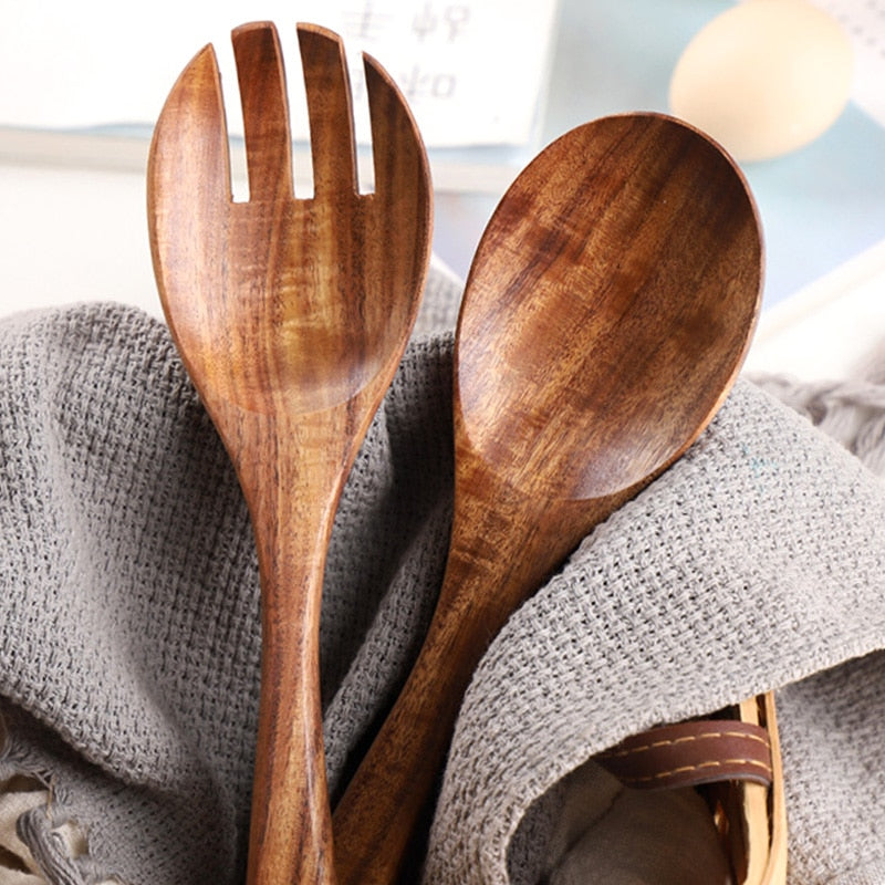 2Pcs Wooden Salad Spoon Set Large Salad Serving Spoon Fork Wood Kitchen Utensils Salad Server Mixer Soup Spoon Ladle Tableware