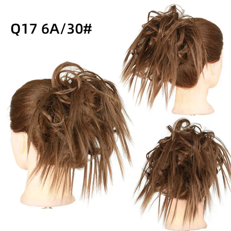 Synthetic Messy Fluffy Hair Bun Tousled Hairpiece Elastic Band Chignon Scrunchie Ponytail Extensions Hair Bow for women