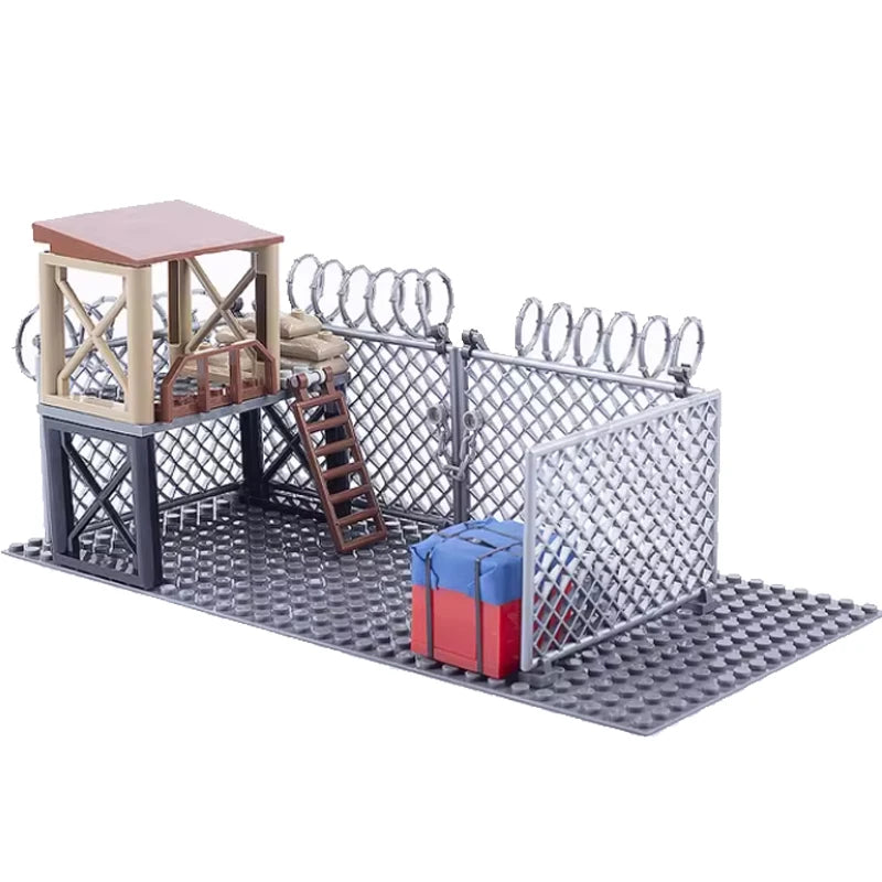 Military MOC Sentry Building Block Soldier Sandbag Fence Cannon Shell Barbed Wire Weapon Rack Training Field Watchtower Toy K018