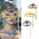 Metal Fancy Elegant Party Masque with Handheld Stick Half Face Venetian Masque with Rhinestones for Women Men Prom Masquerade
