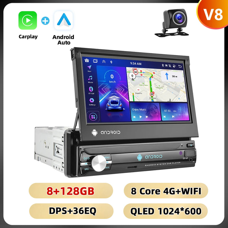 Podofo 1Din 7 ''Car Multimedia Player 8 + 128G 8Core Car Radio Carplay Android Car WIFI GPS Navigation Retractable Screen Stereo