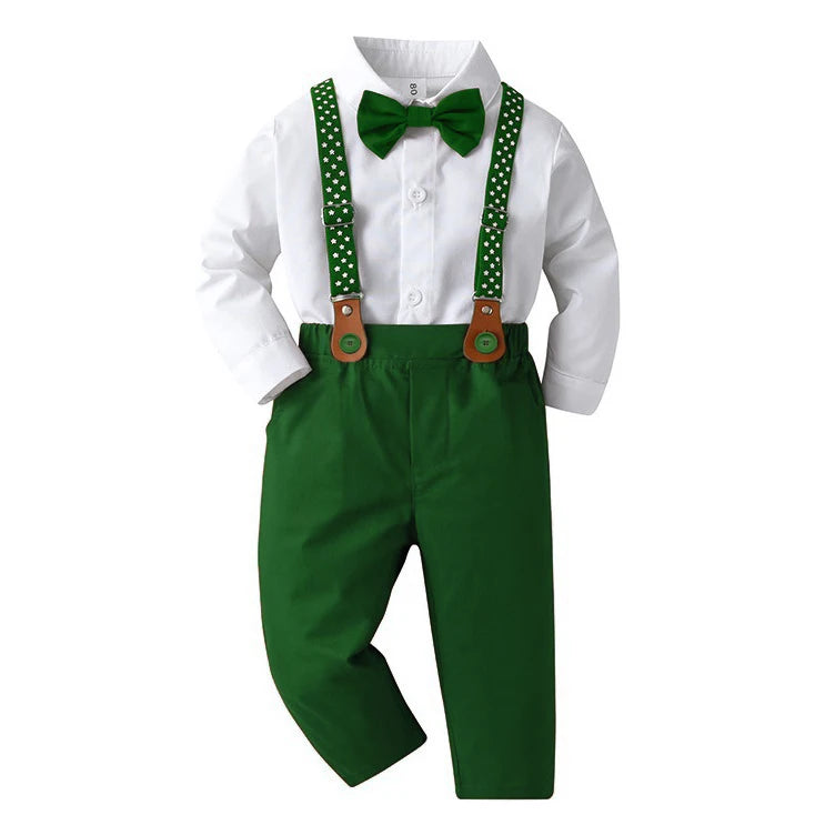 1 2 3 4 5 6 7Y Boy Christmas Outfit White Shirt+Star Printed Strap Set Children Autumn Formal Gentleman Wedding Flower Costume