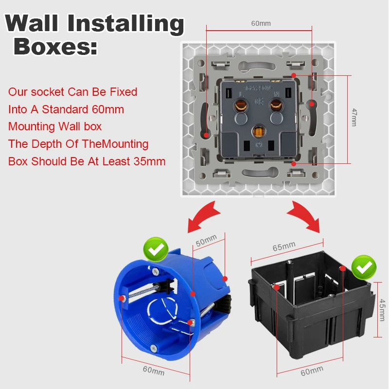 JHJCH wall crystal glass panel power socket plug has been grounded, 16a European standard power socket 86mm * 86mm