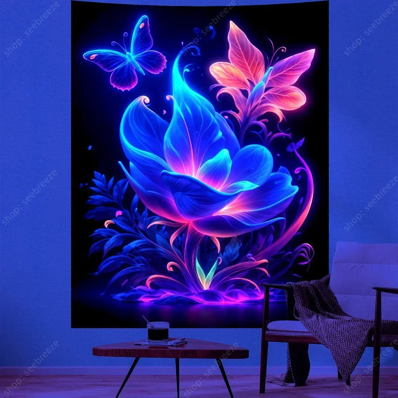 Butterfly Flower UV Reactive Tapestry Wall Hanging Hippie Boho Room Decor Aesthetic Psychedelic Home Dorm Wall Decor Party Decor