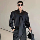 IEFB Korean Fashion Men's Shirt Bow Tie Design Loose Simple Fresh Long Sleeve Casual 2024 Spring Solid Color Male Tops 9C5081