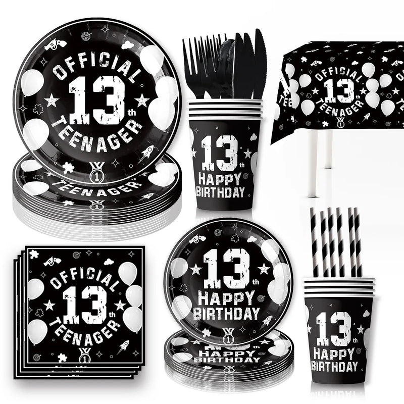 13th Happy Birthday Party Tableware Decorations 13th Birthday Party Supplies Black Themed Tableware Set Tablecloth Plates Napkin