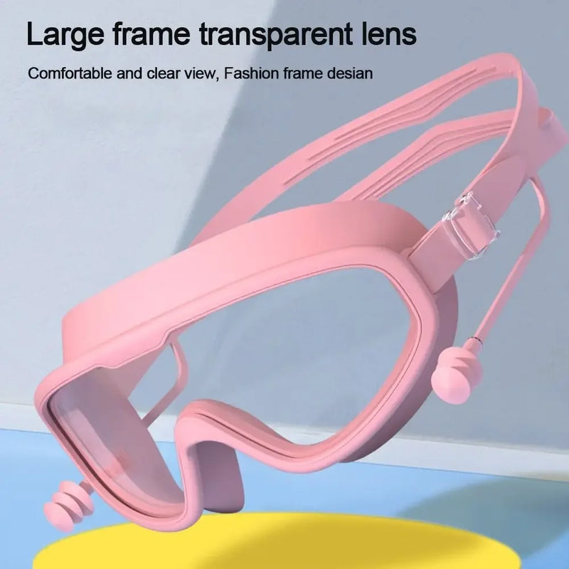 Kids Big Frame Swimming Goggles with Earplugs Children's Anti-fog Swimming Glasses Boys Girls Pool Beach Eyewear