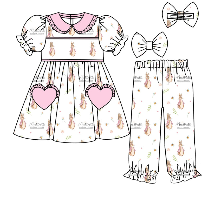 Easter boutique children's suit lapel lace short sleeve elastic rabbit flower print trousers girls boys trousers pajamas set