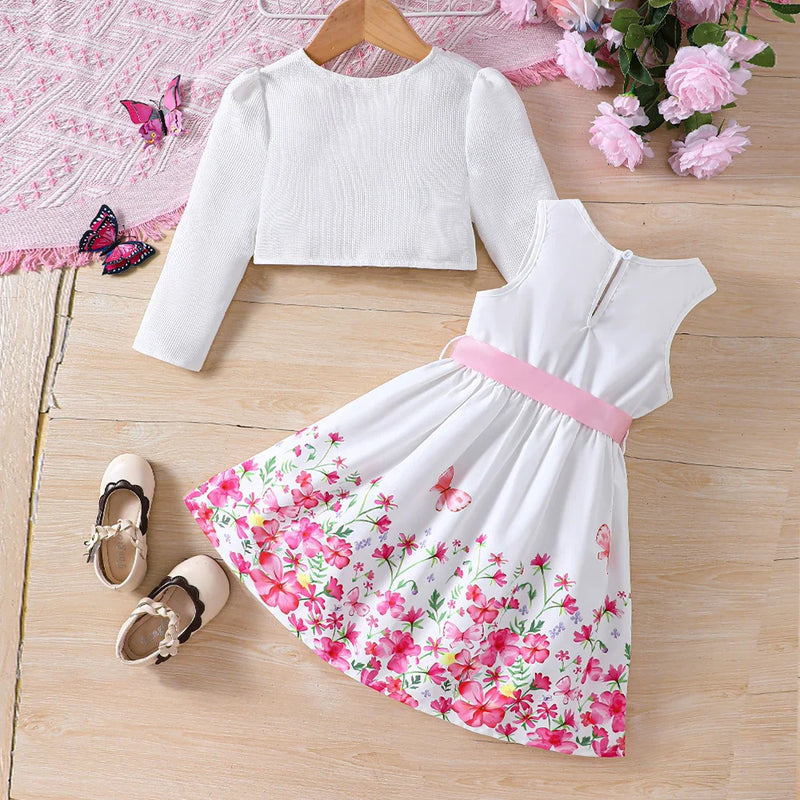 Kids Casual Clothing Sets Outfits for Girls Spring Summer 2024 New Toddler Floral Print Long Sleeve Coat Tank Dress Children
