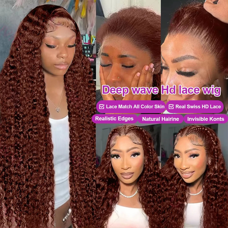 250 Density 13x6 HD Chocolate Brown Deep Wave Human Hair Wig Curly 13x4 Lace Front Water Wave 40Inch Lace Frontal Wig Preplucked