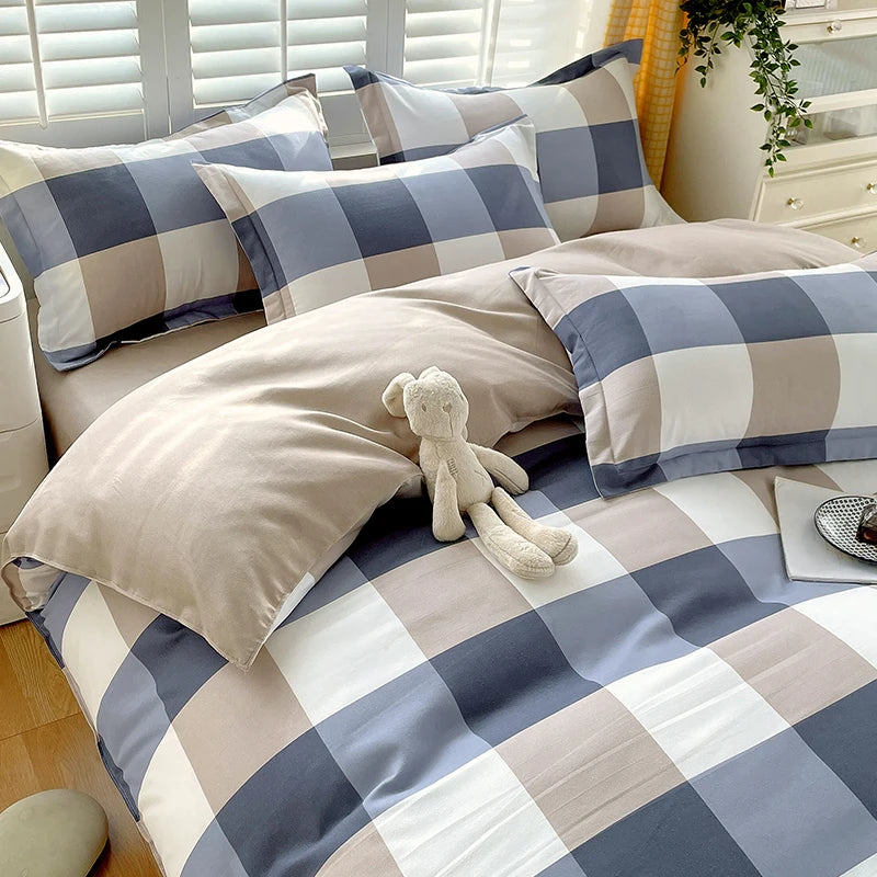 Plant Thickened Three Four Piece Bed Sheet Set Blue And White Large Grid