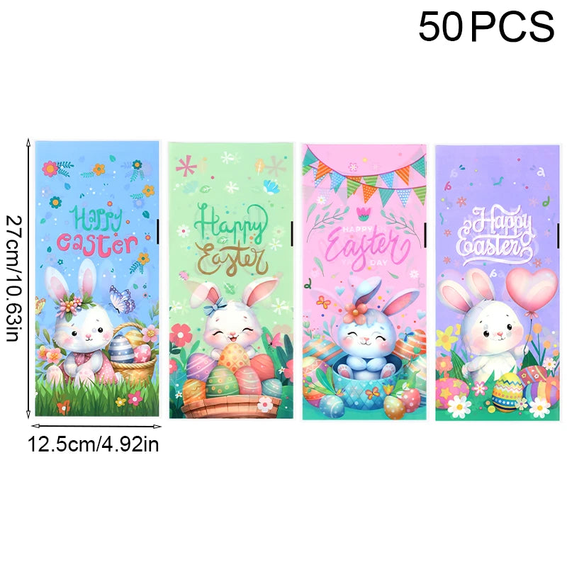 50/100pcs Easter Gift Bags Easter Candy Cookie Bags Rabbit Eggs Dessert Gift Packaging Pouches 2025 Happy Easter Party Supplies
