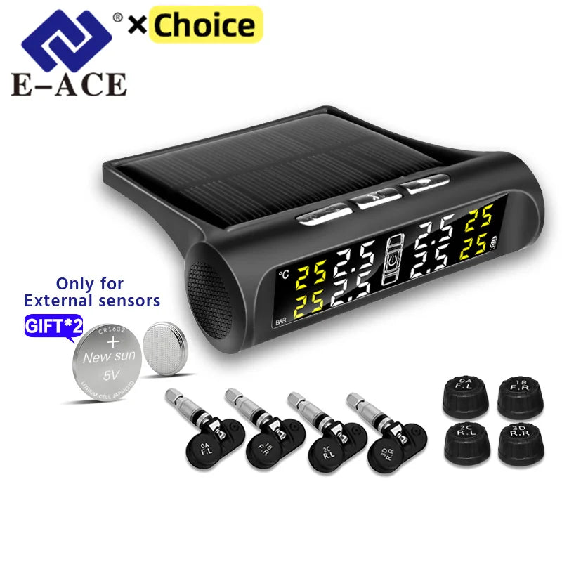 E-ACE 4 TPMS sensor Solar Power Car Tire Pressure Monitoring System Car Safety Tire Pressure Alarm System Digital Display Smart