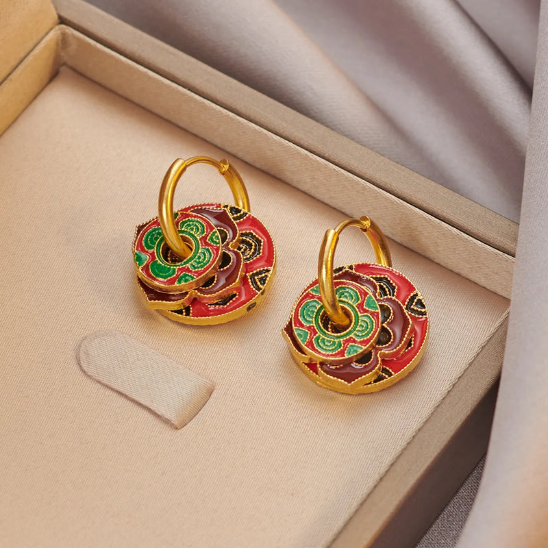 Ethnic Chinese Colorful Enamel Earrings for Women Retro Design Gold Plated Flower Shaped Multiple Wear Ways Luxury Jewelry Gifts