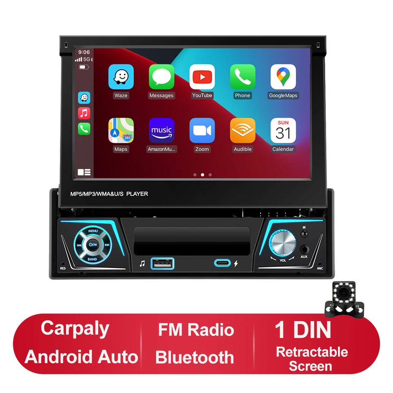 1 din Car Radio Android Carplay Auto Universal 7" IPS Retractable Screen gps Navigation 1 Din Android 13 Multimedia Video Player