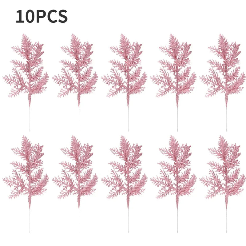 10/5Pcs Artificial Plants Pine Branches Christmas Glitter Gold Leaves Xmas Tree Decoration Pendant Christmas Home Decoration