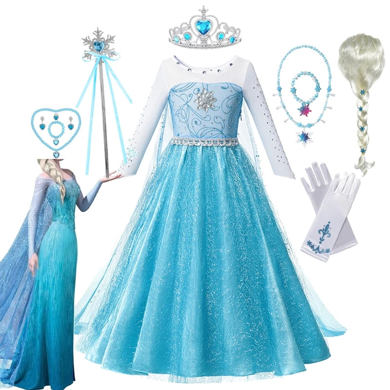 2024 Frozen Elsa Snow Queen Dress Girls Princess Dress Cosplay Costume For Kid Ball Gown Halloween Birthday Party Vestidos 4-10Y