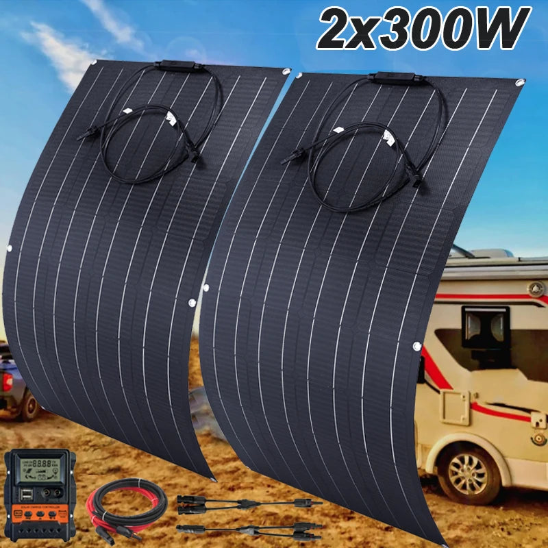 600W 300W Flexible Solar Panel Solar Cell Energy Charger DIY Connector for Smartphone Charging RV Car Boat Camping Power System