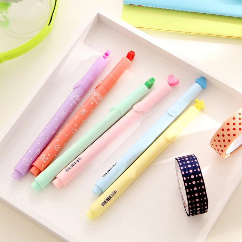 12/6Pcs/set Candy Color Highlighters Stamp Pen Cute Inks Creative Marker Fluorescent Pens school Supplies office Stationery