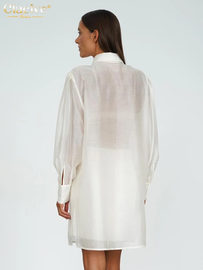 Clacive Fashion Loose White Women Blouse 2025 Casual Lapel Long Sleeve Shirt Elegant Classic Tie See Through Top Female Clothing