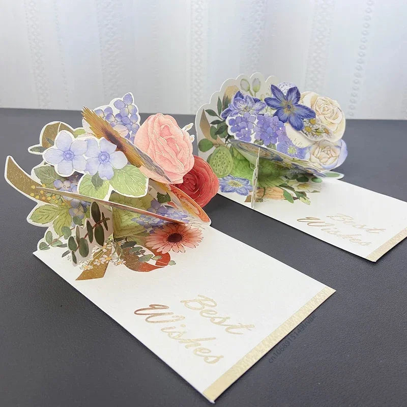 Romantic Flower 3D Pop-up Greeting Cards Best Wishes Birthday Wedding Anniversary Postcard Thanksgiving Xmas Gifts Cards