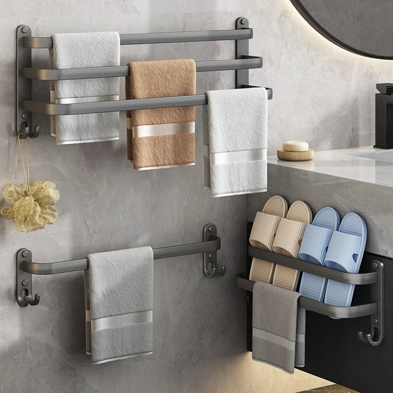 Bathroom Towel Holder Without Drilling Space Aluminum Shower Room Towel Hanger With Hook Kitchen Storage Shelf Organizer