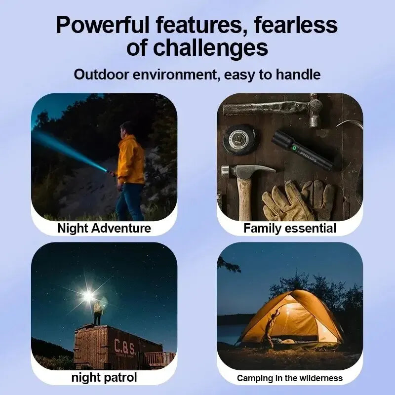 Philips 6168 Optical Zoom Flashlight Type-C Portable Flashlight With 4 Lighting Modes For Self Defense Camping Torch Light