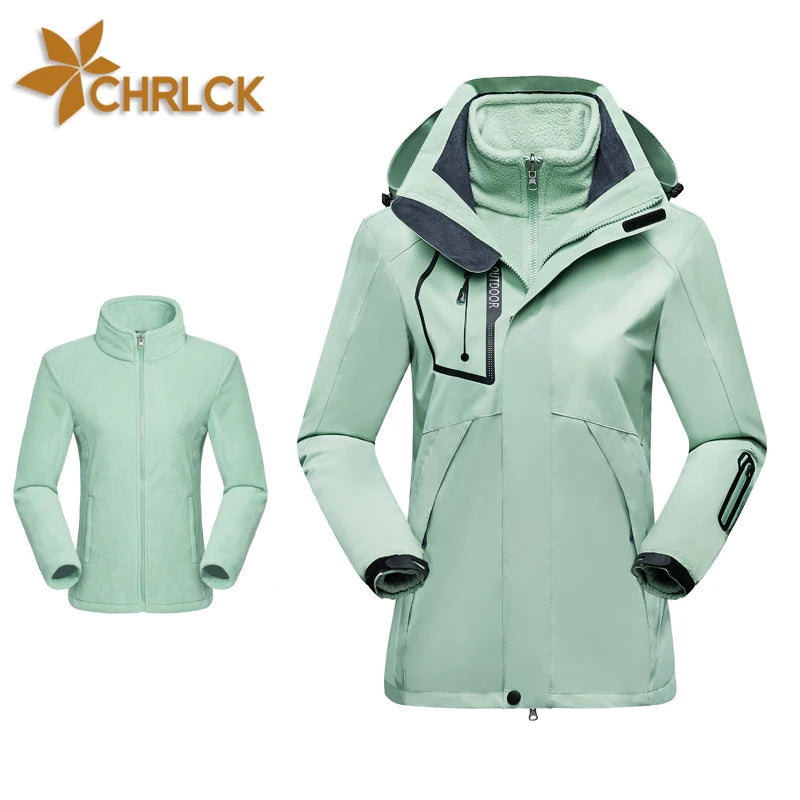 CHRLCK Women's 3 In 1 Thick Hiking Jacket Fleece Waterproof Winter Windbreaker Outdoor Warm Camping Jacket Women Windproof Coat