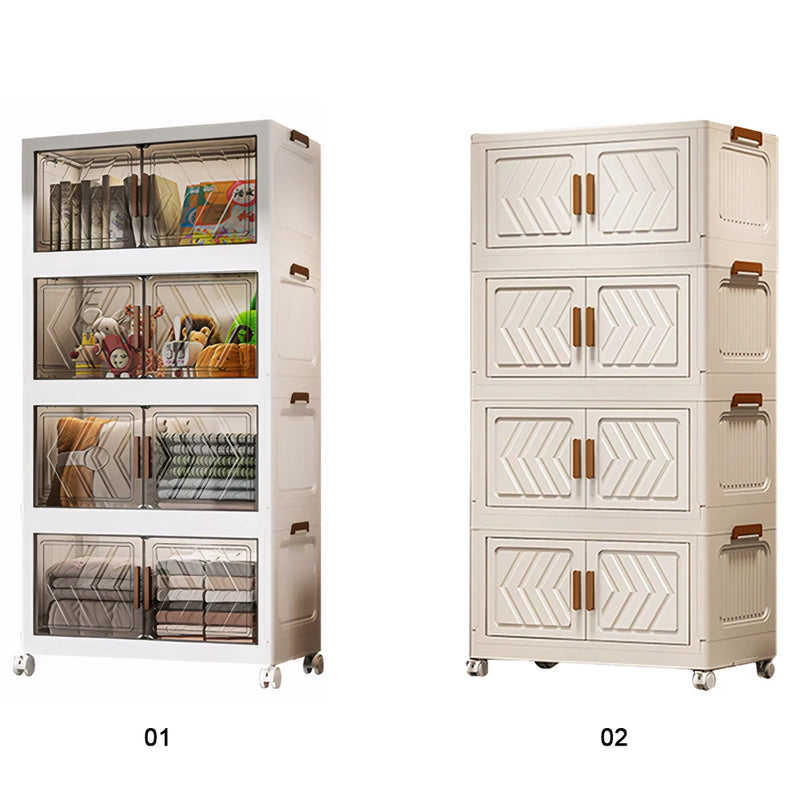 4 Tier Stackable Storage Bins with Lids with Doors & Wheels Foldable Organization Storage Drawer for Living Room Bedroom Office