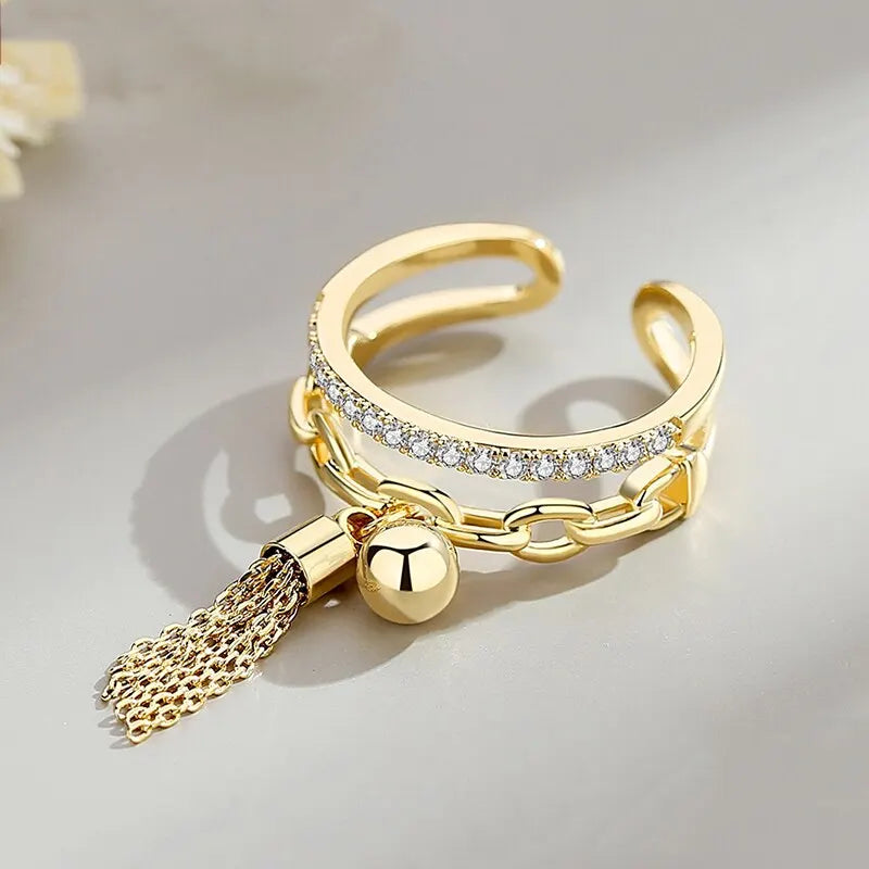 Fashion Gold-Color Open Adjustable Ring With Tassel For Women Fashion Classic Hollowed Rhinestone Tassel Ring Jewelry Gift