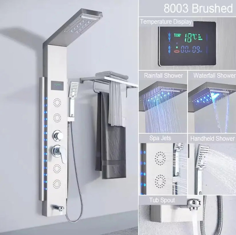 Rain Waterfall LED Shower Panel Black Shower Column Tower Digital Screen TEMP Mixer Tap Spray Bidet Shower Mixer Faucet