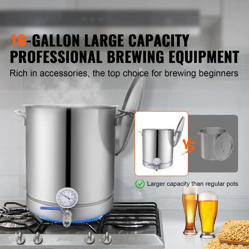 SucceBuy Stainless Steel Kettle 16 GALLON Brewing Pot Tri Ply Bottom for Beer Brew Kettle Pot Home Brewing Supplies Includes Lid