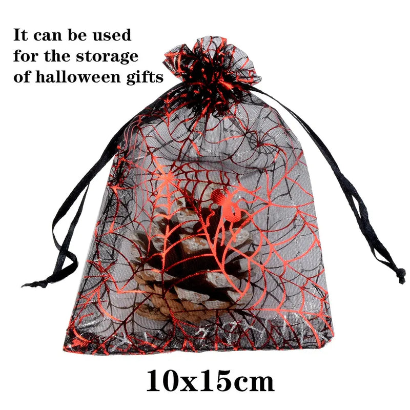 25/50pcs 10x15cm Halloween Organza Gift Bag Drawstring Spider Web Multi Color Printing Packaging Gift High Quality Candy Bag
