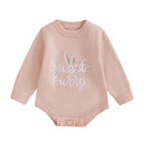 Toddler Boy Easter Bunny Jumpsuit Infant Short Sleeve Round Neck Rabbit Print Romper with Pom Pom Tail Detail