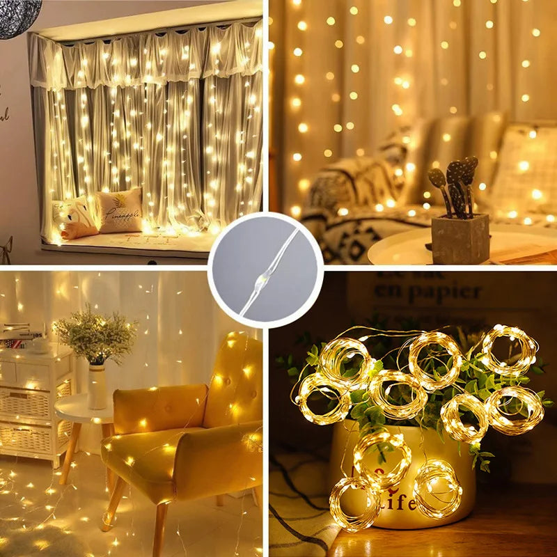 USB LED Curtain String Light Christmas Window Decor Wire Fairy Light 8 Modes Remote Control For Wedding Holiday Party Lighting