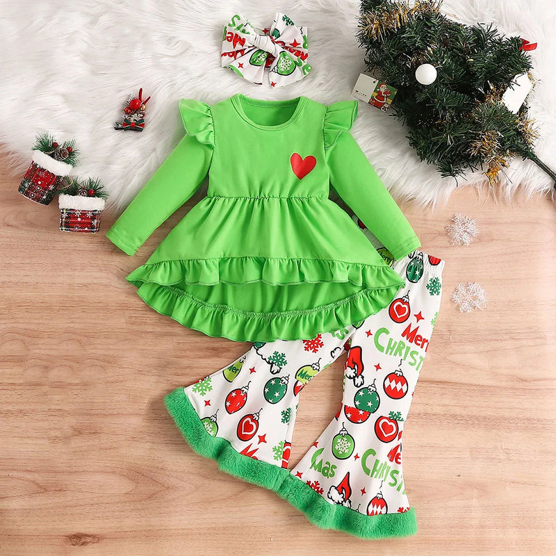 1-6Y Christmas Baby Girls Clothes Green Solid Long Sleeve Tops Christmas print Plush selvedge Flared Pants with headband sets