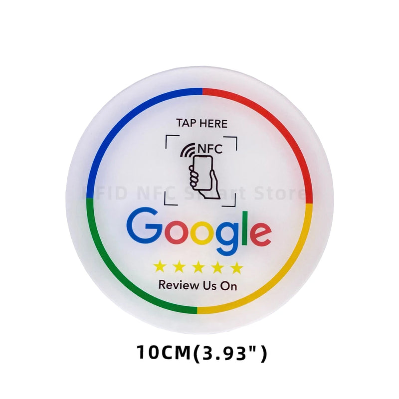 13.56MHz Programmable Acrylicl with Self-adhesive Backing NFC Table Sticker Diameter 10CM Google Reviews NFC Sticker NFC 215