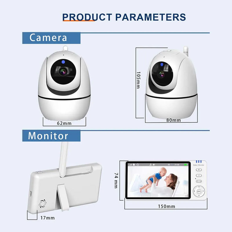 Baby Monitor 2pcs Wireless Indoor PTZ IP Camera 5 Inch Display Screen Security Protection Video Surveillance Thermometer lullaby