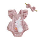 Adorable Infant Easter Jumpsuit with Bunny Embroidery Flutter Sleeves Square Neckline and Matching Bow Headband