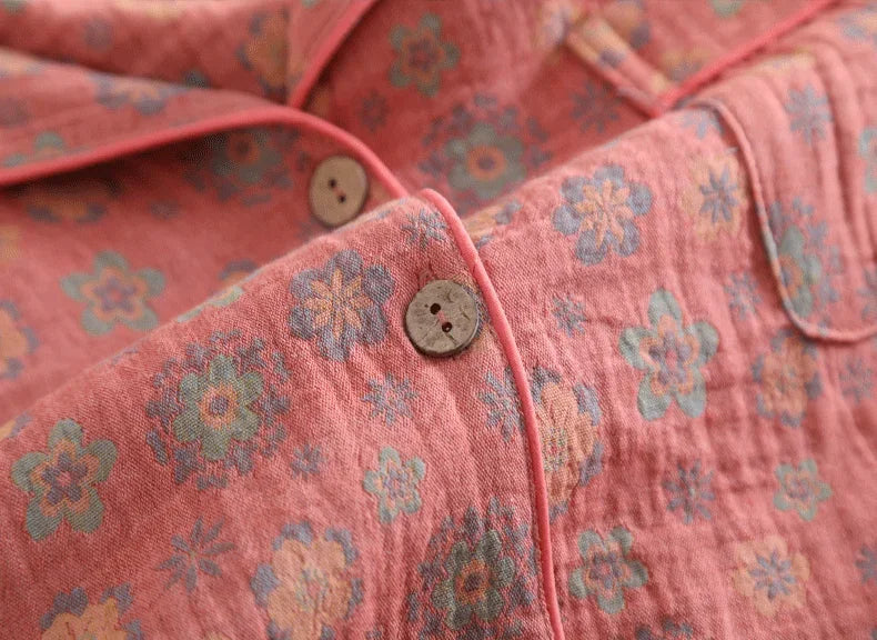 Floral Printed Cotton Women's Pajamas Suit for Spring and Autumn Jacquard Long Sleeved Large Size Home Women Sleepwear Set