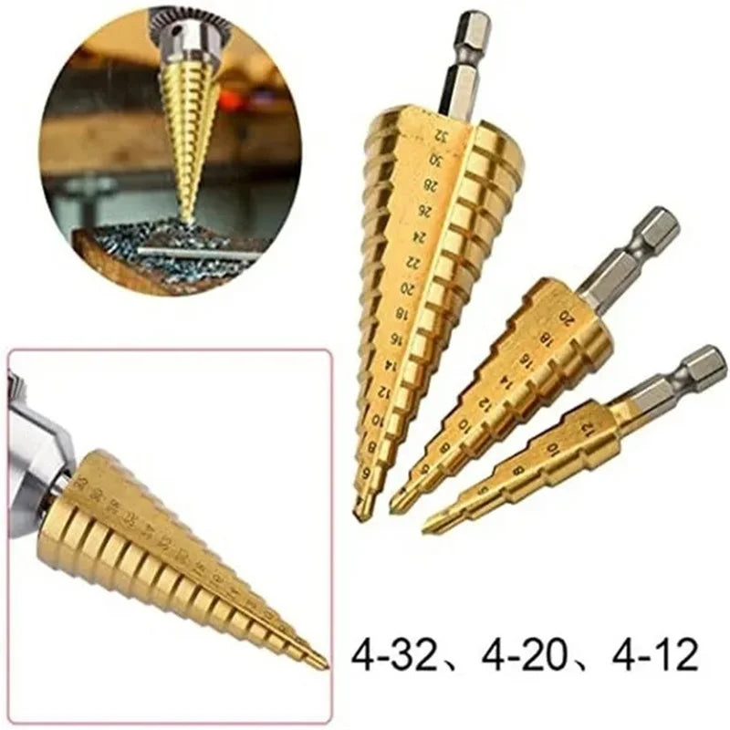 1/3pcs Titanium Plated Step Drill Bit High Speed Steel Hole Cutter Wood Metal Drill Bit HSS Power Tool Carpentry Core Drill Tool